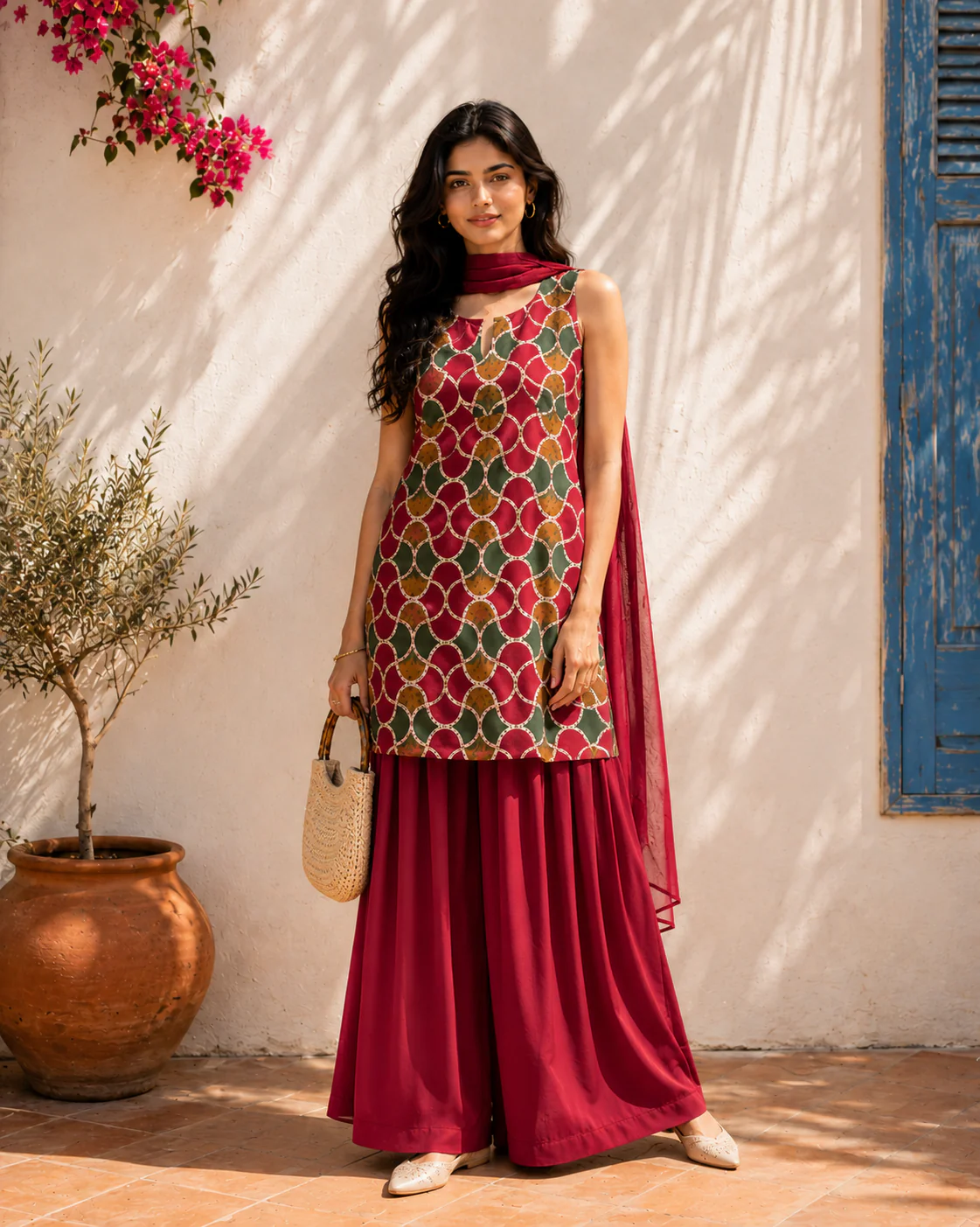 Aahista Maroon Farshi Set with Dupatta - Image 2