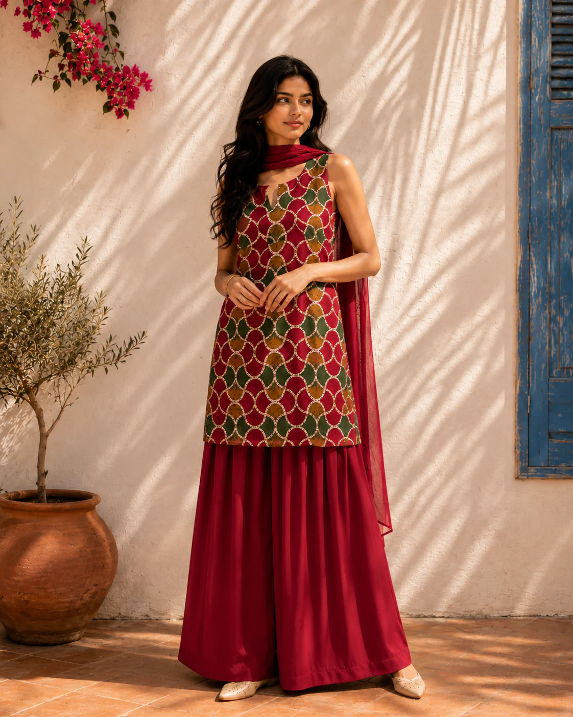 Aahista Maroon Farshi Set with Dupatta - Image 3