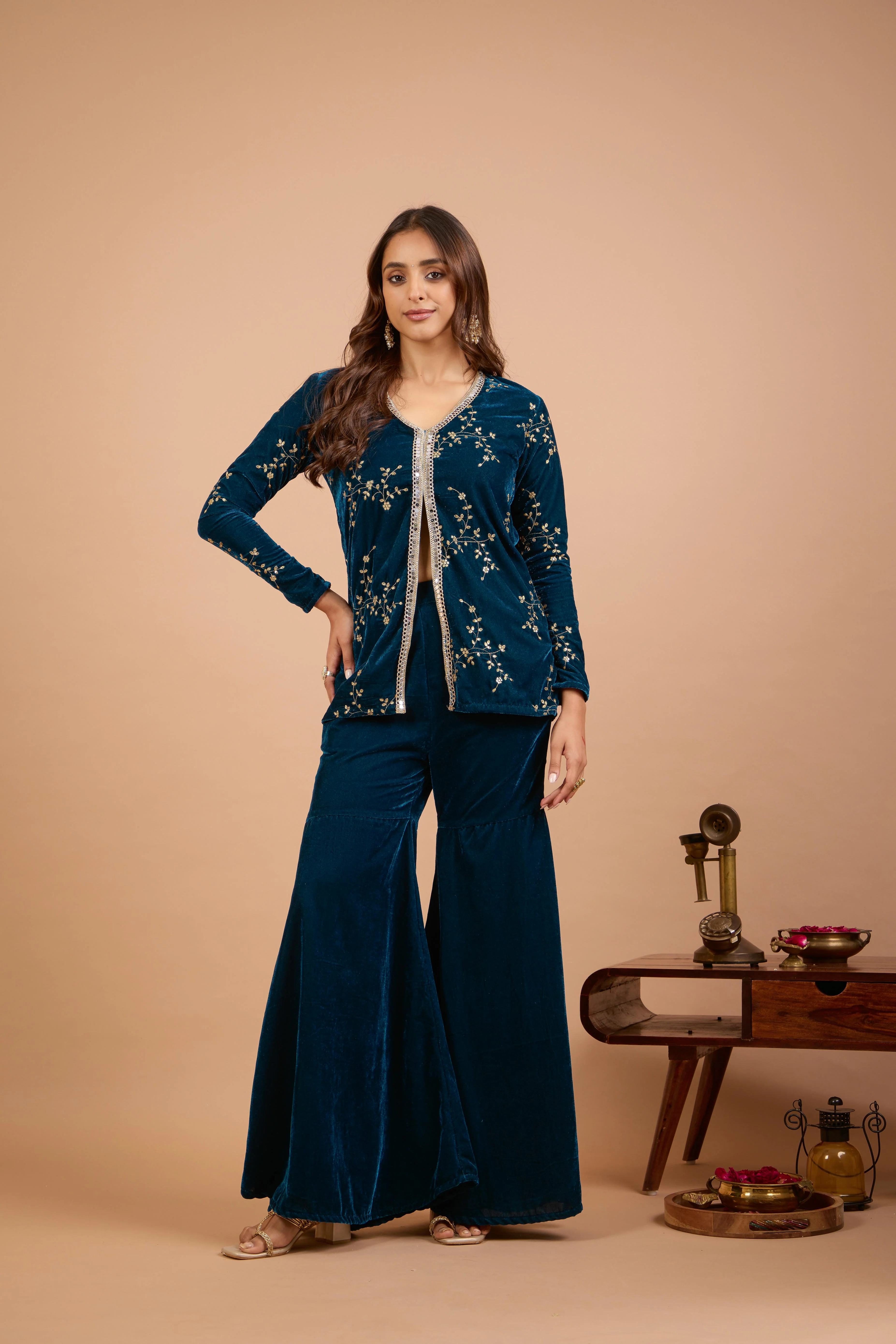Alaya Jugni Bahamas Blue Velvet Jacket Kurta Set - Image 3