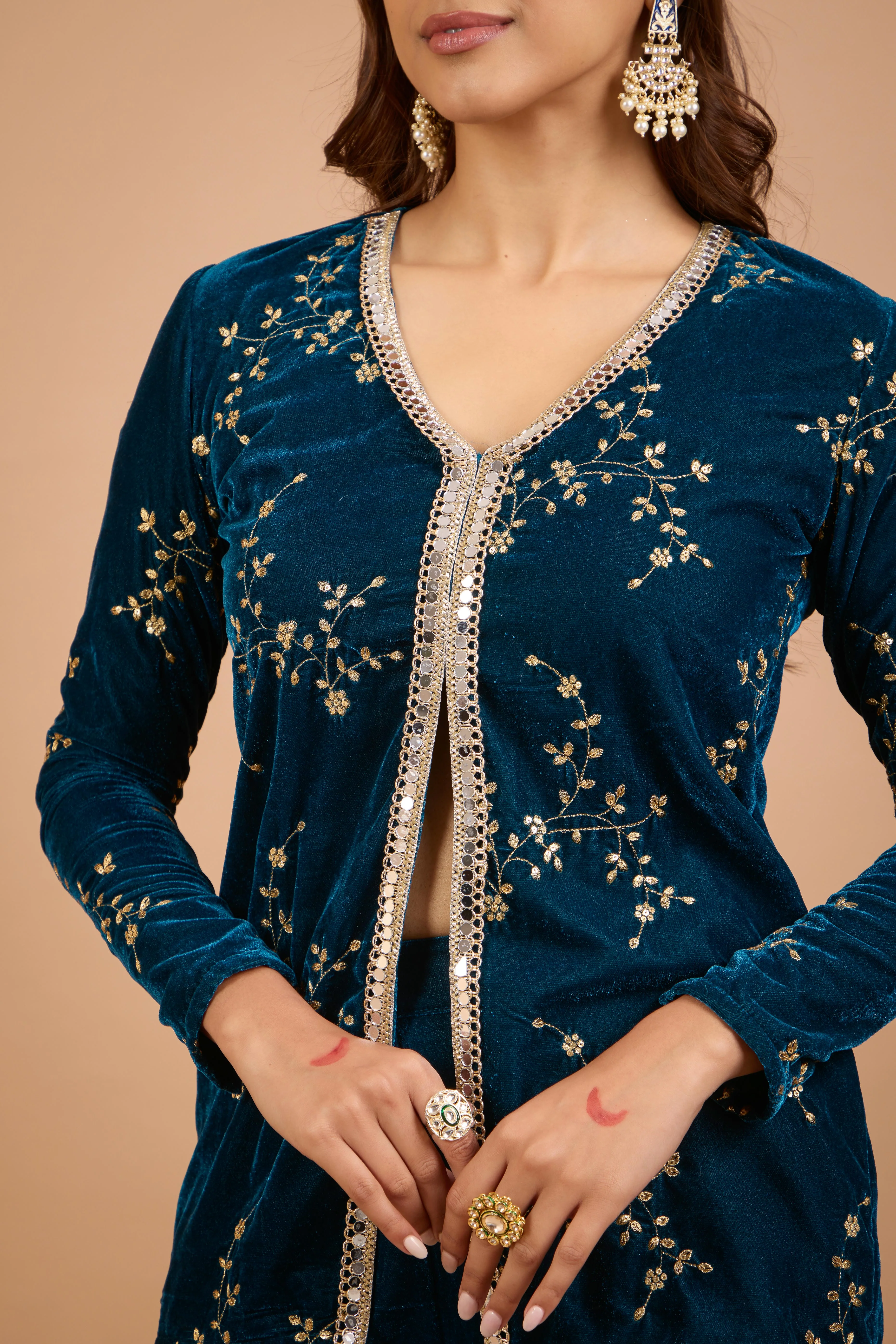 Alaya Jugni Bahamas Blue Velvet Jacket Kurta Set - Image 4