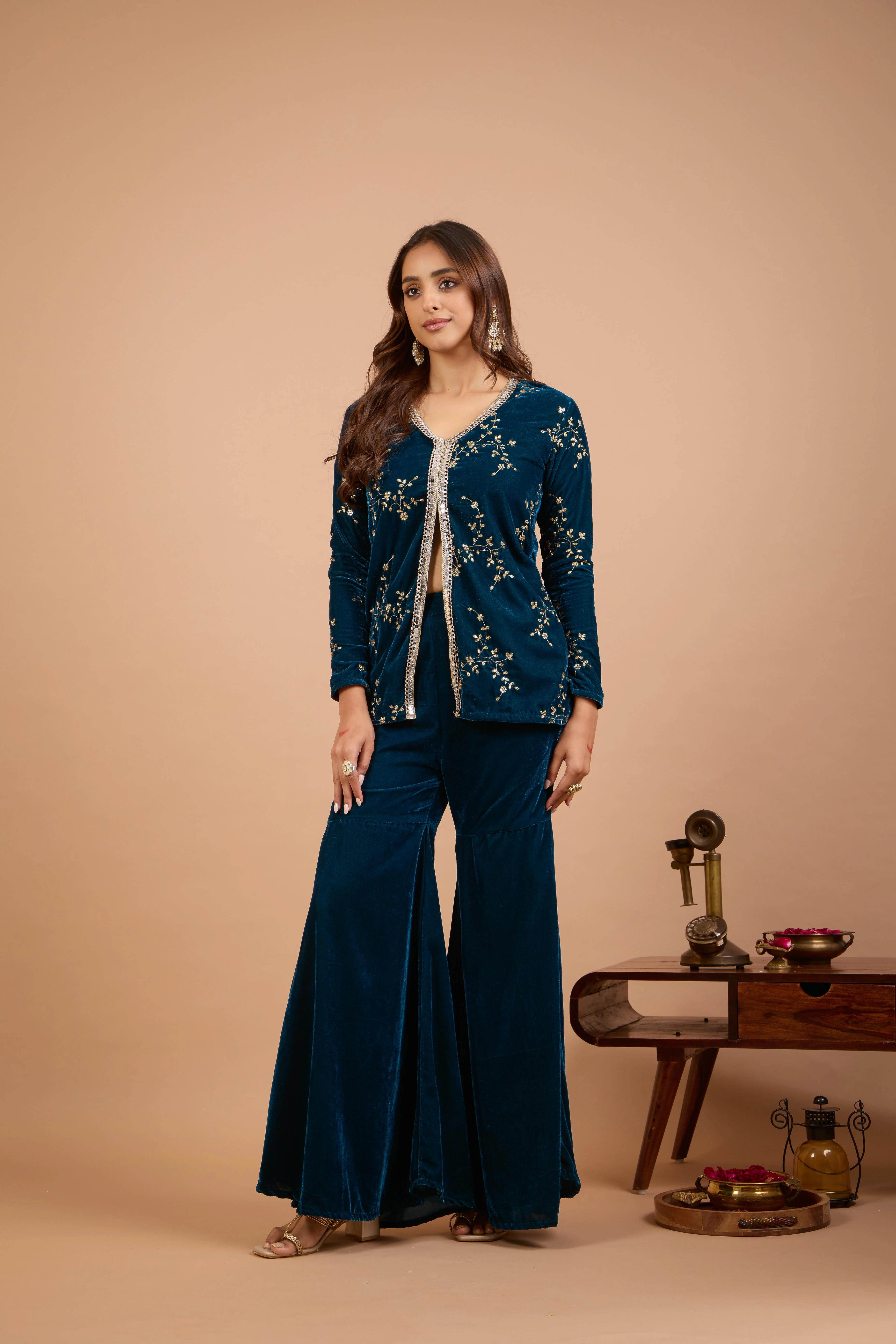 Alaya Jugni Bahamas Blue Velvet Jacket Kurta Set - Image 6