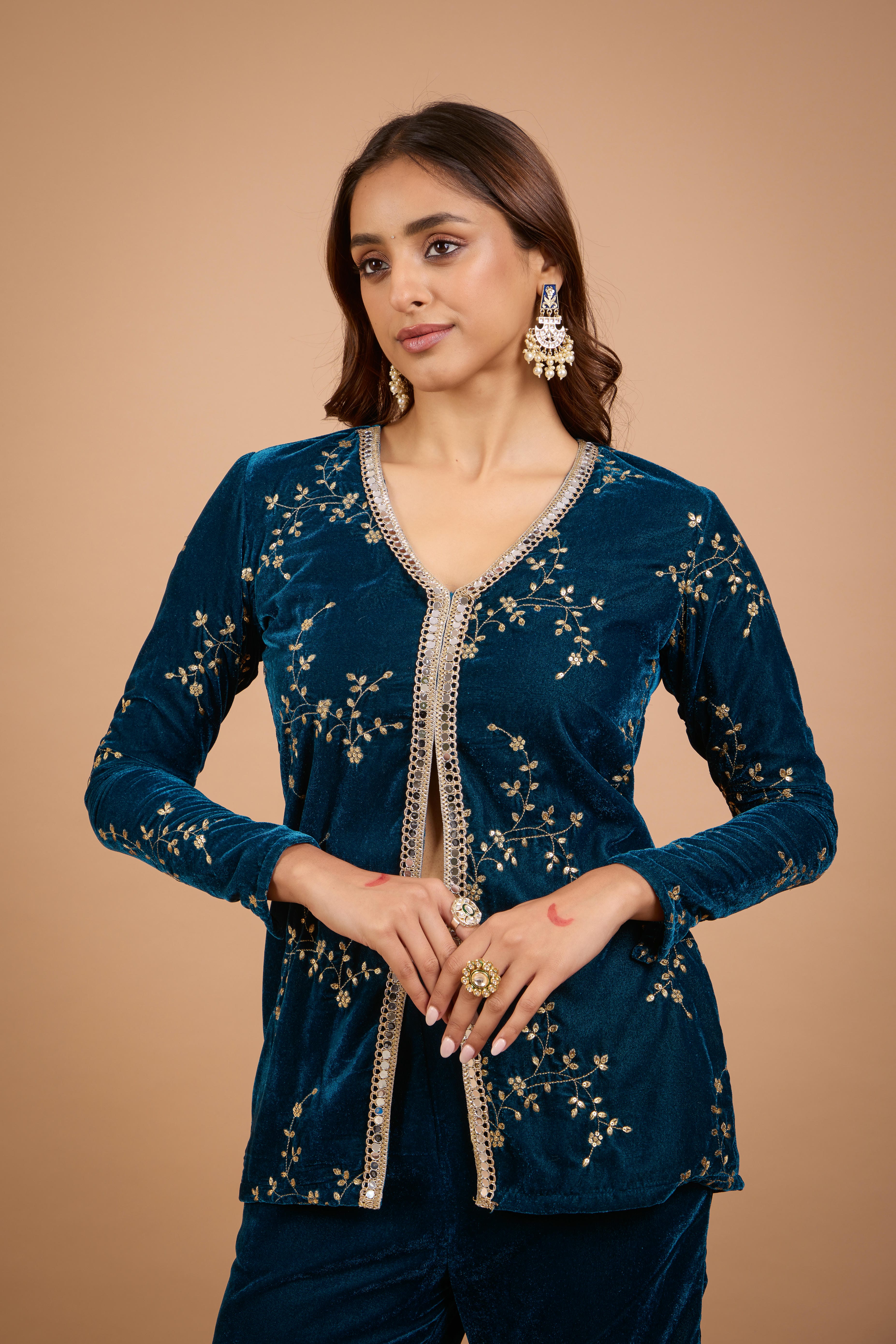 Alaya Jugni Bahamas Blue Velvet Jacket Kurta Set - Image 7
