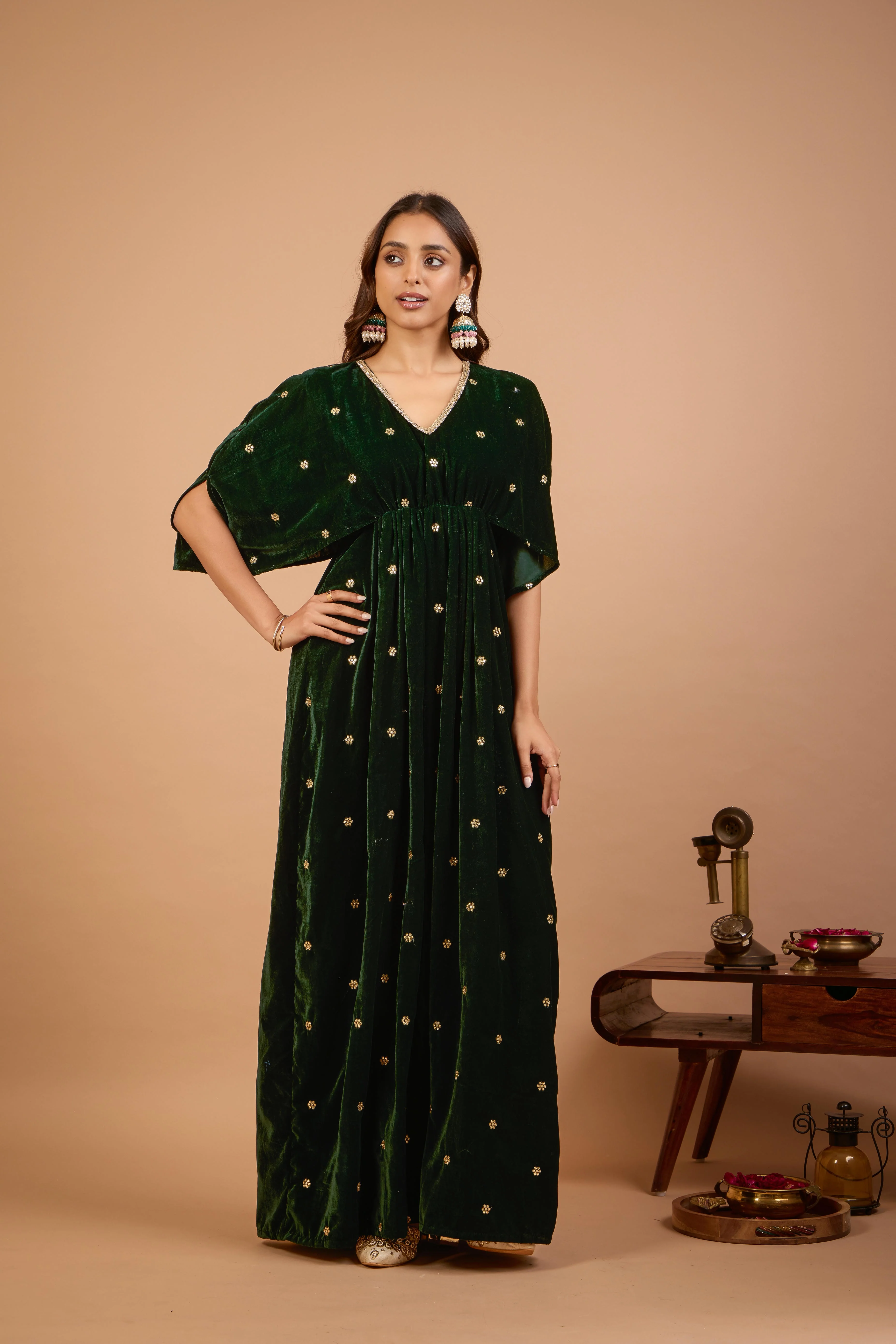 Alaya Jugni Emerald Green Velvet Vines Kaftan - Image 6