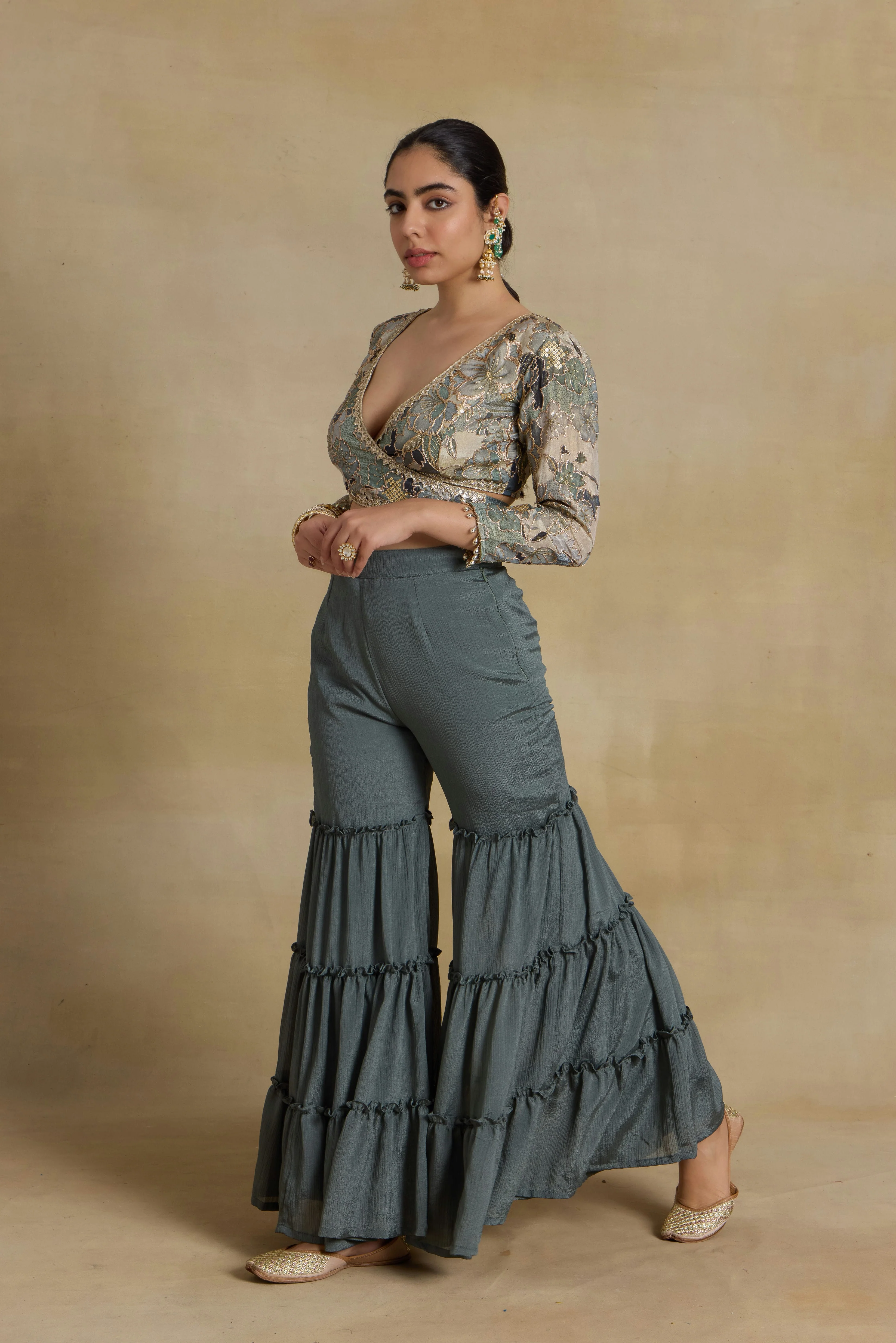 Alaya Noor Teal Gharara with Wrap Blouse - Image 4