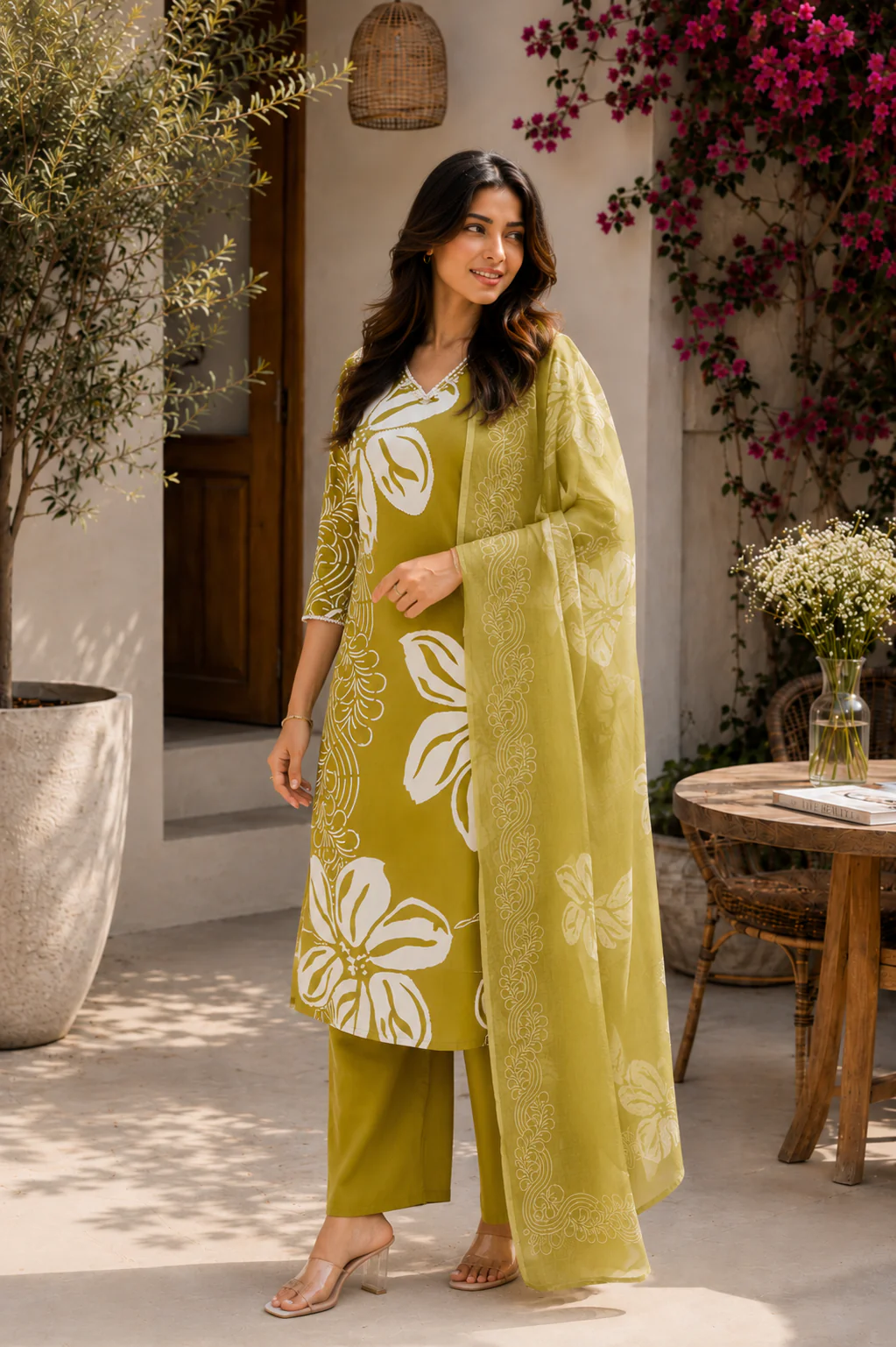 Alaya Select Olive Bloom Cotton Kurta Set - Image 4