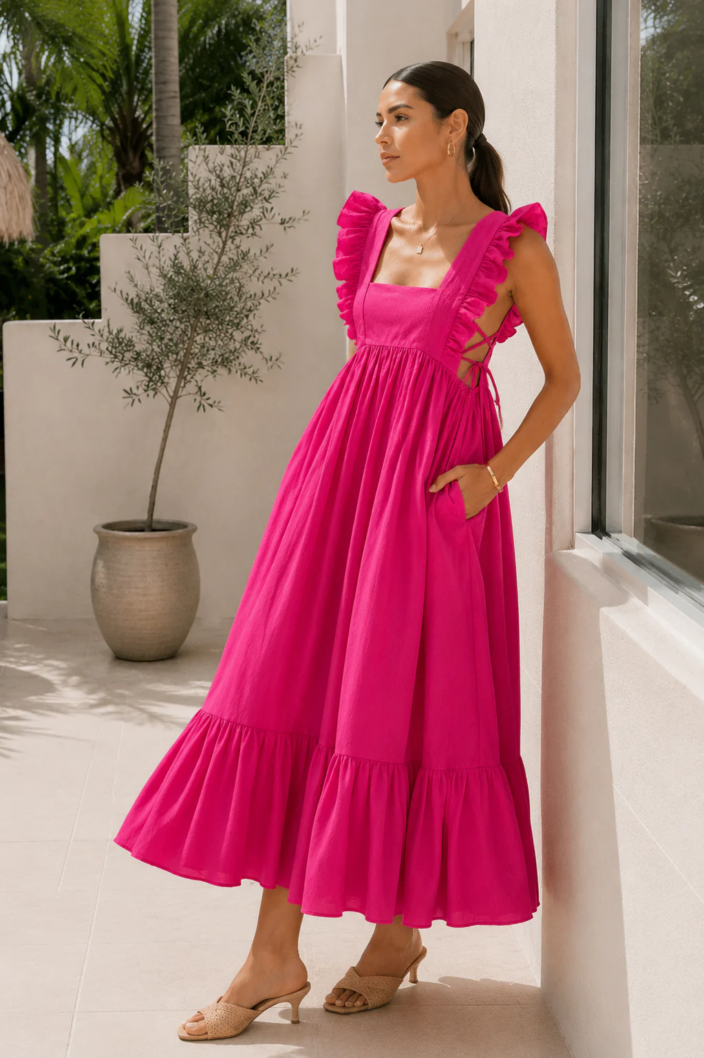 Amalfi Pink Ruffle Strap Maxi Dress - Image 2
