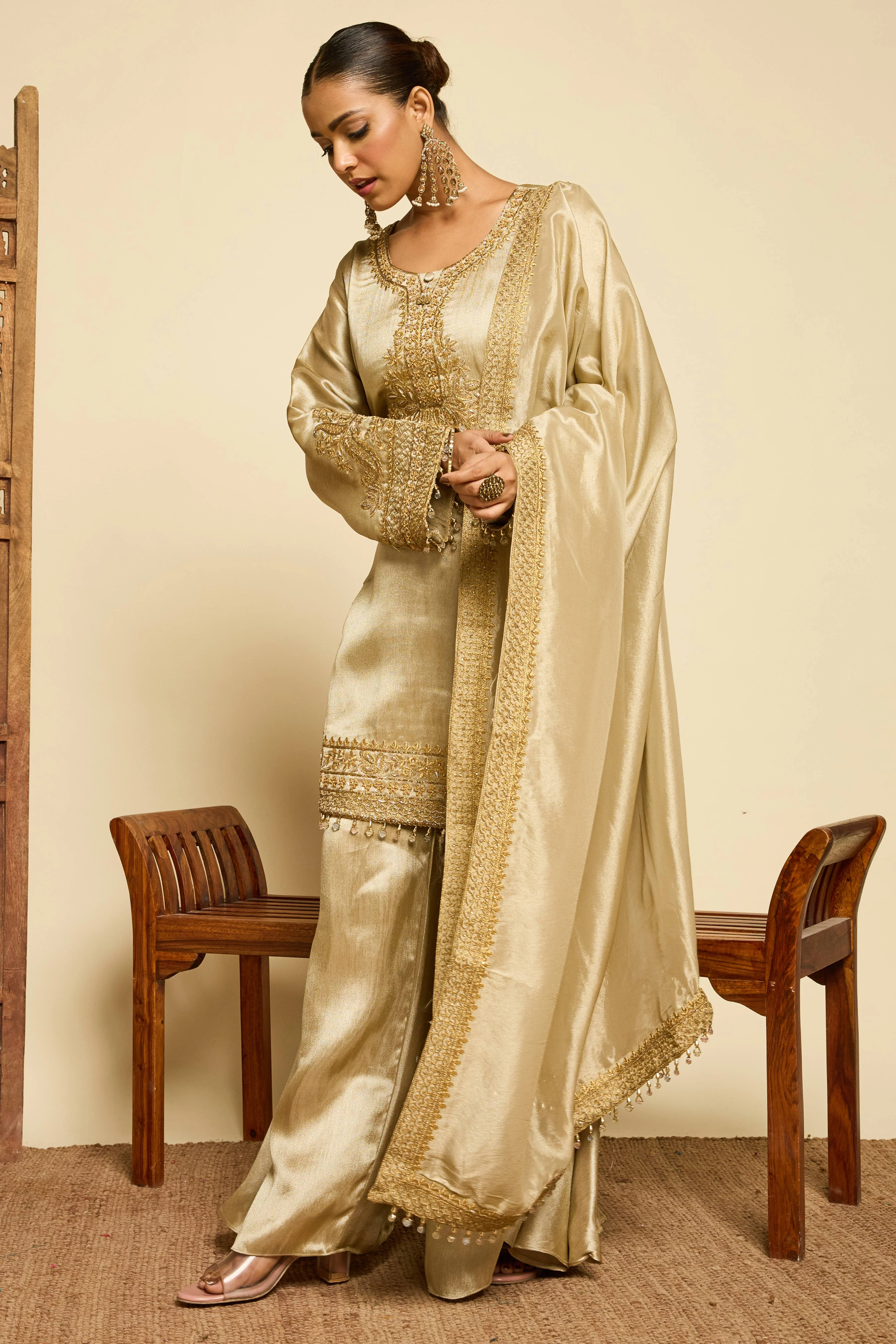 Malang Champagne Silk Sharara Set - Image 2