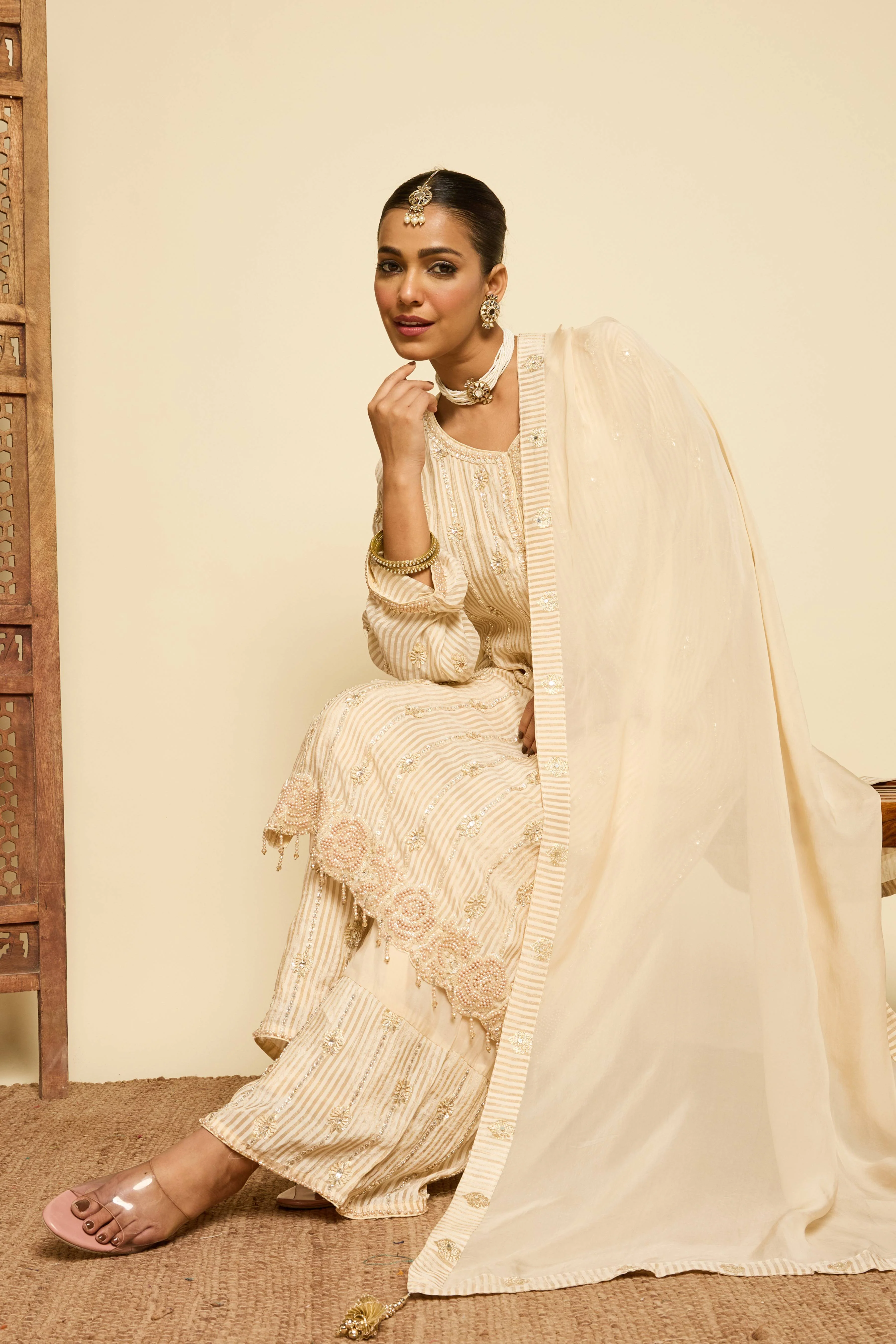 Malang Ivory Stripe Sharara Set - Image 2