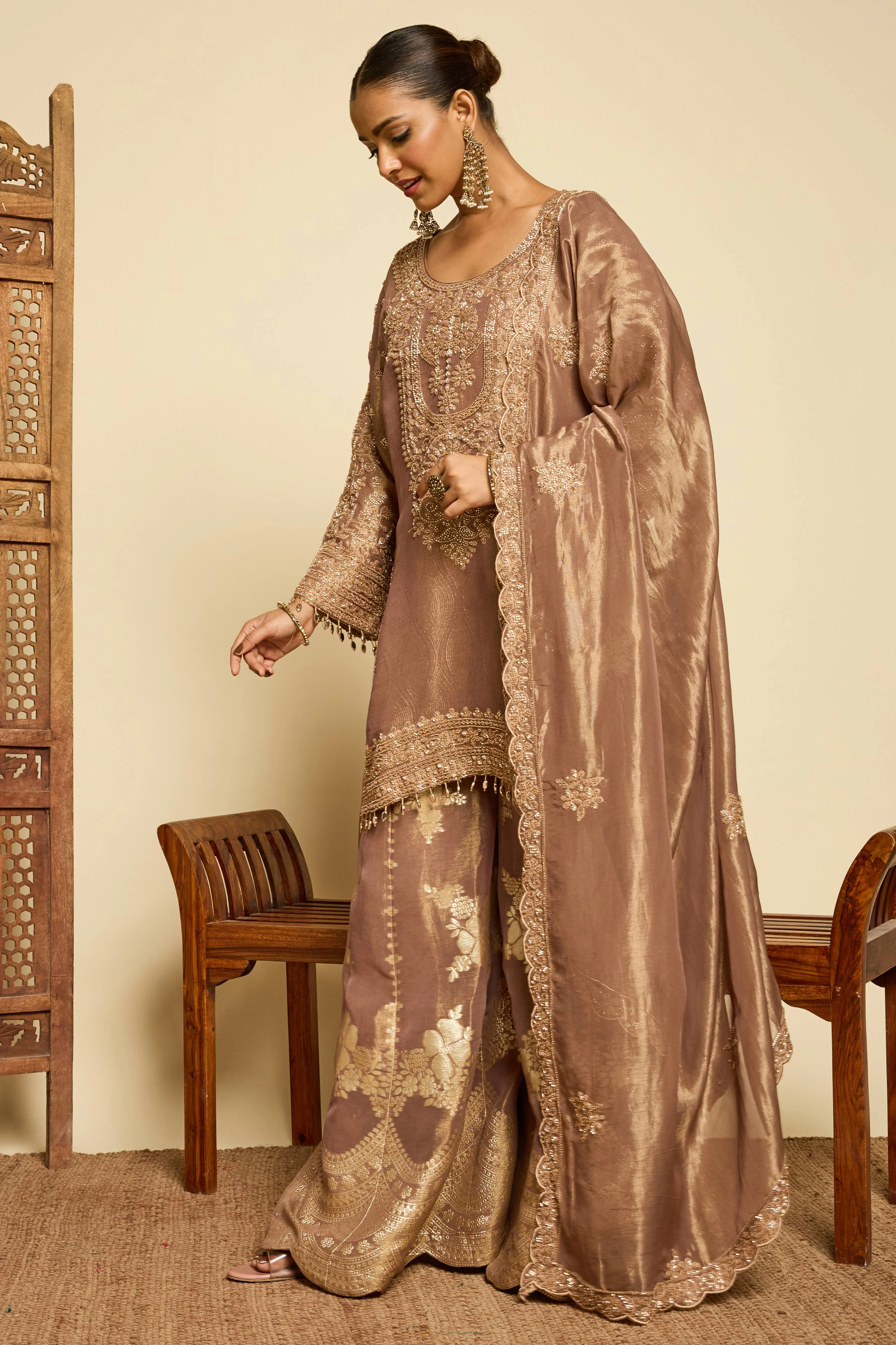 Malang Mocha Banarasi Sharara Set - Image 3