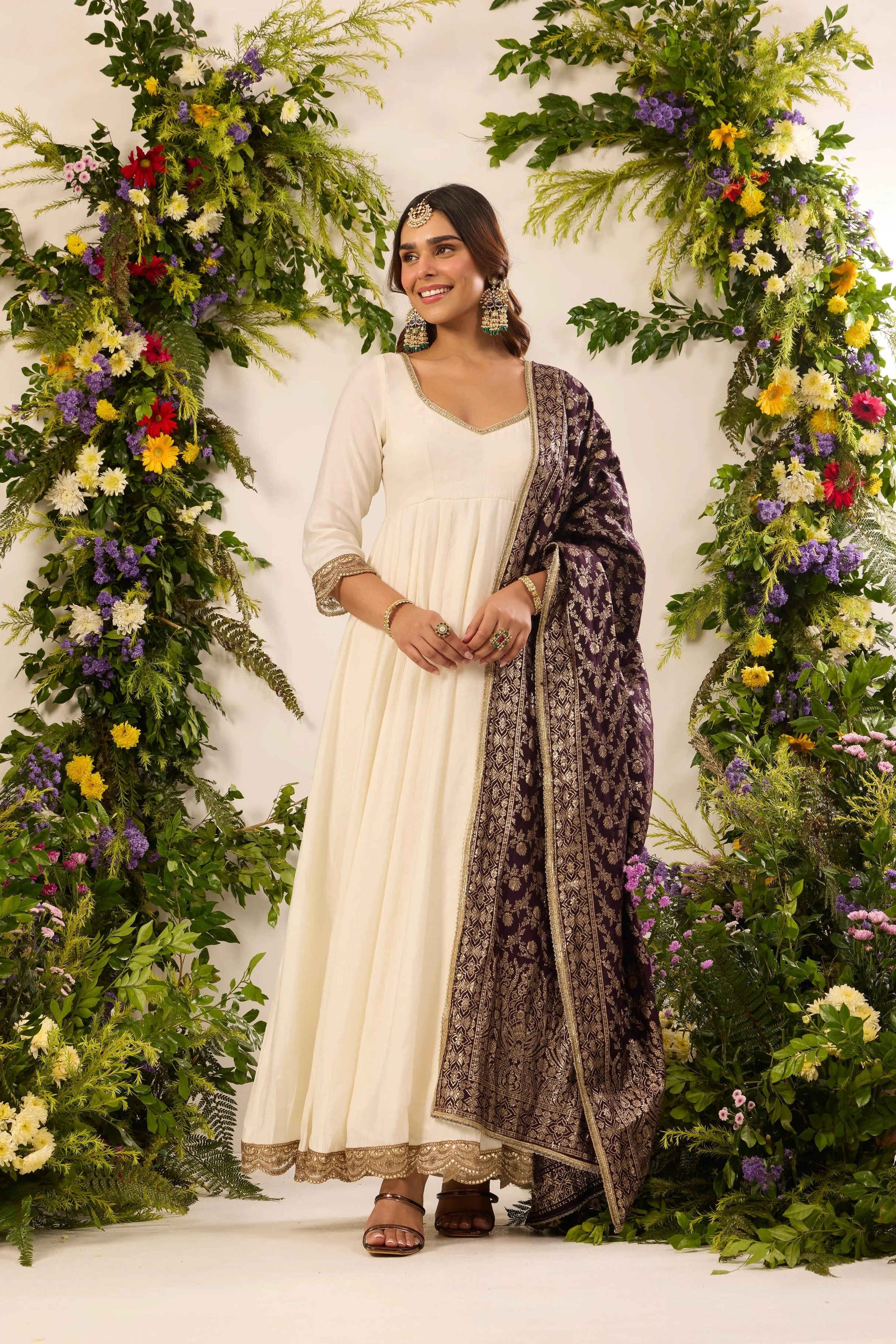 Mastaani Classic Ivory Anarkali Set - Purple Dupatta